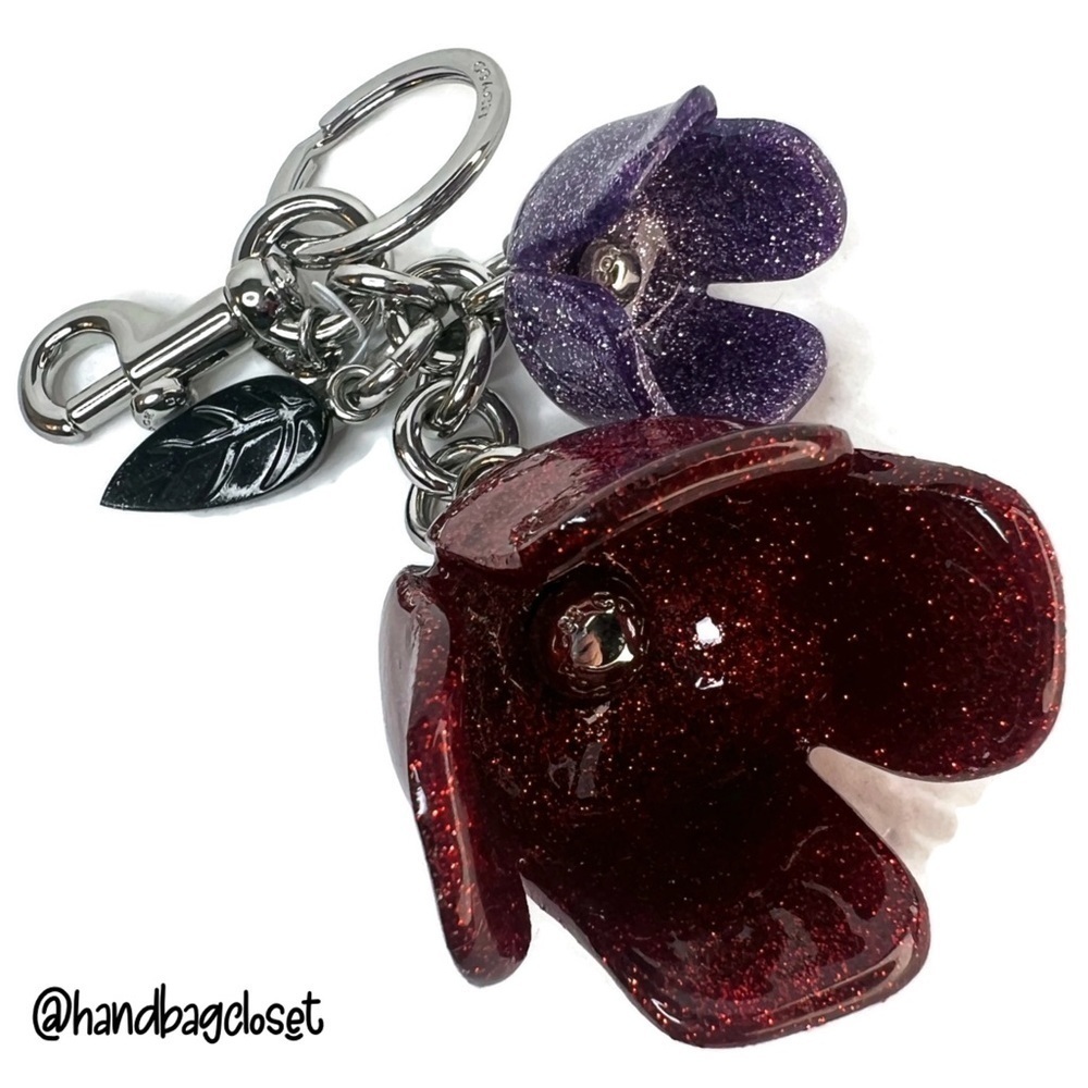 COACH GLITTER RESIN TEA ROSE BAG CHARM F58514 SILVER RED PURPLE TULIP KEYCHAIN - Picture 10 of 11